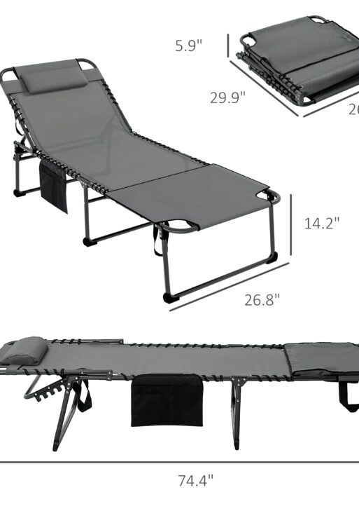 Folding Chaise Tanning Lounge Chair w/ 5-level Reclining Back, Reading Hole, Side Pocket, Headrest, Gray
