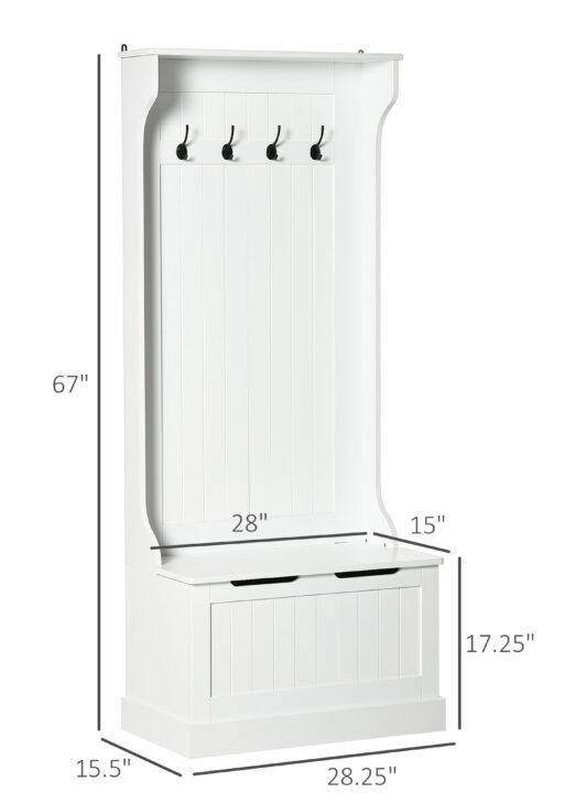 Hall Tree with Coat Rack, Storage, and Sitting Bench, White