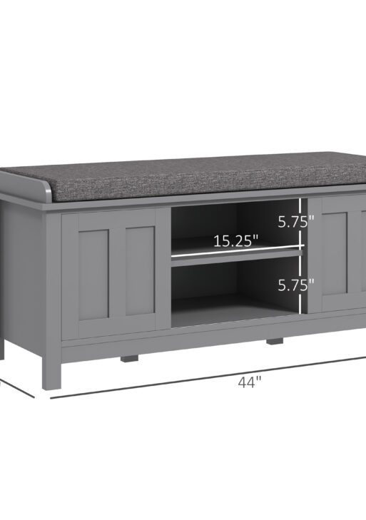 Modern Shoe Storage Bench, Entry Way Bench with Cushion, 2 Sliding Doors, Storage Ottoman Bench, Holds 10 Pairs, Gray