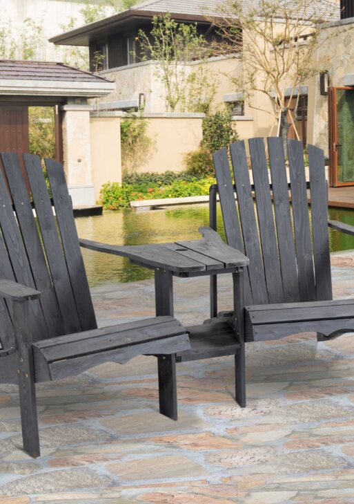 Outdoor Wood Adirondack Chair Reclined Bench w/ Coner Table & Umbrella Hole