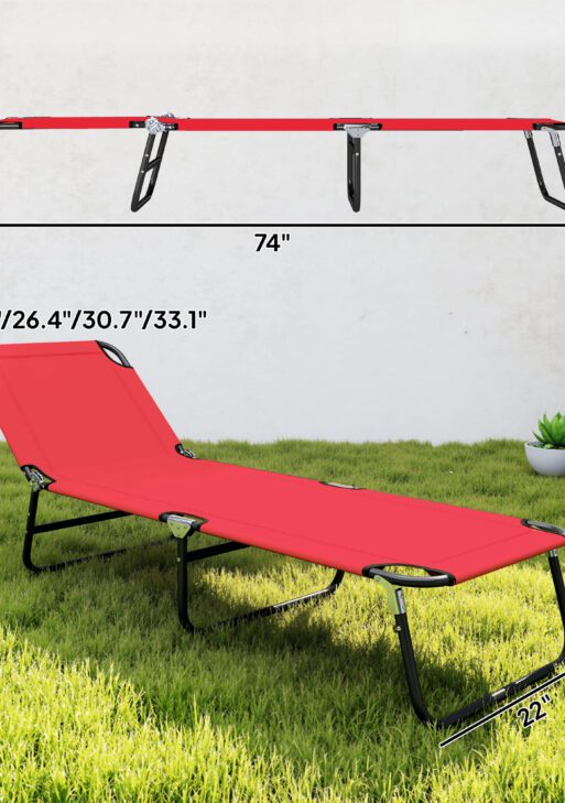 Folding Chaise Lounge Pool Chairs, Outdoor Sun Tanning Chairs with 5-Level Reclining Back, Steel Frame for Beach, Yard, Patio, Red