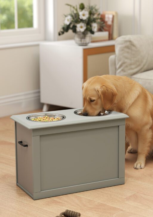 Raised Pet Feeding Storage Station with 2 Stainless Steel Bowls Base for Large Dogs and Other Large Pets, Gray