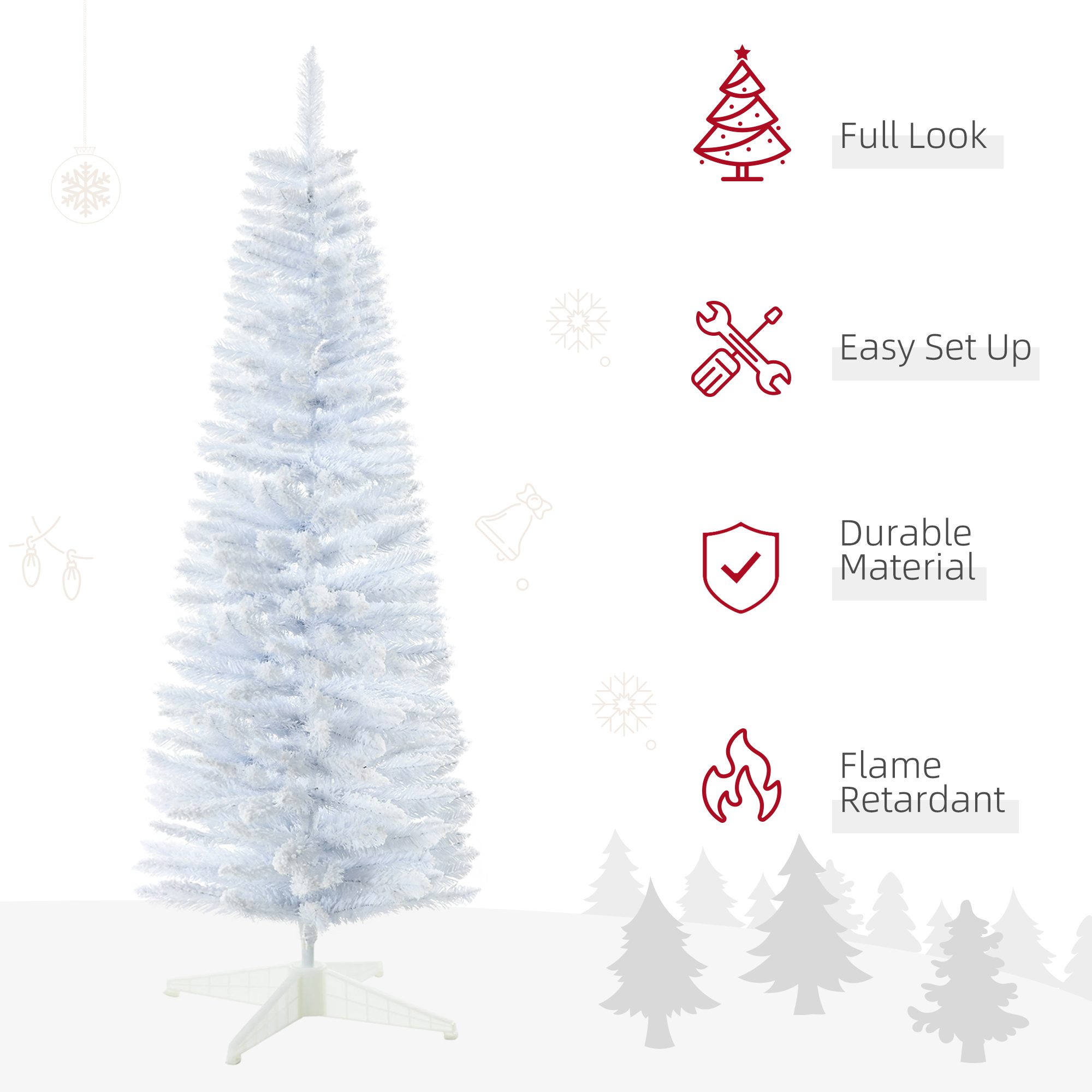 5' Decorated Christmas Tree Snow Flocked Artificial Christmas Tree with Pencil Shape, Realistic Branches, White - Image 2