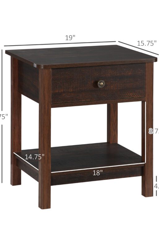 End Table with Drawer, Side Table with Top and Bottom Shelf for Small Spaces, Dark Brown