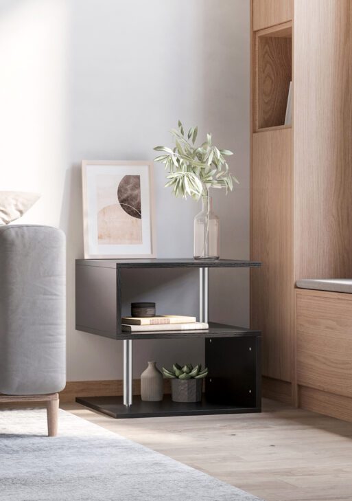 20" Modern End Table, Accent Side Table, S-Shaped Coffee Table with Storage Shelf and Steel Poles, Black