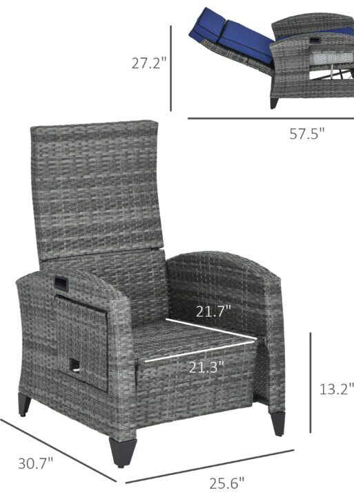 Outdoor Recliner Chair with Cushions, Reclining Patio Lounge Chair with Adjustable Footrest, Armrests, Tray Table, Blue