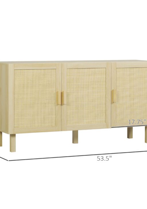 Boho Kitchen Cabinet, Buffet Cabinet with 3 Rattan Doors and Adjustable Shelves for Dining Room, Natural