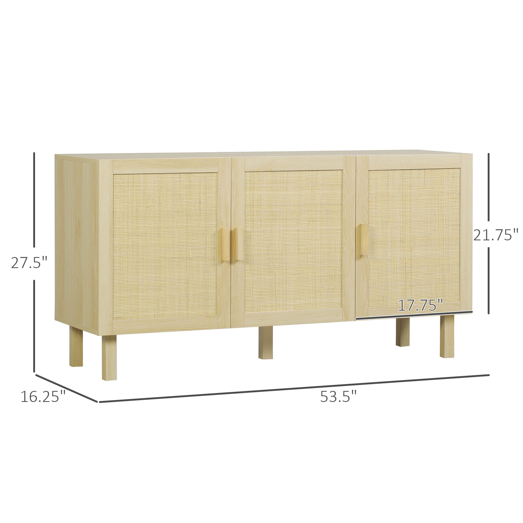 Boho Kitchen Cabinet, Buffet Cabinet with 3 Rattan Doors and Adjustable Shelves for Dining Room, Natural - Image 1