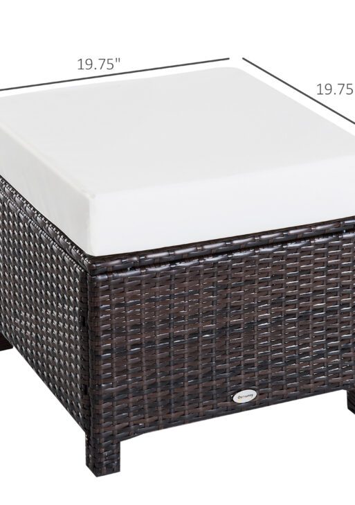 20" Patio Wicker Ottoman, Multipurpose Outdoor PE Rattan Footrest, Additional Seating, Side Table with Soft Cushion, Dark Brown, Cream White