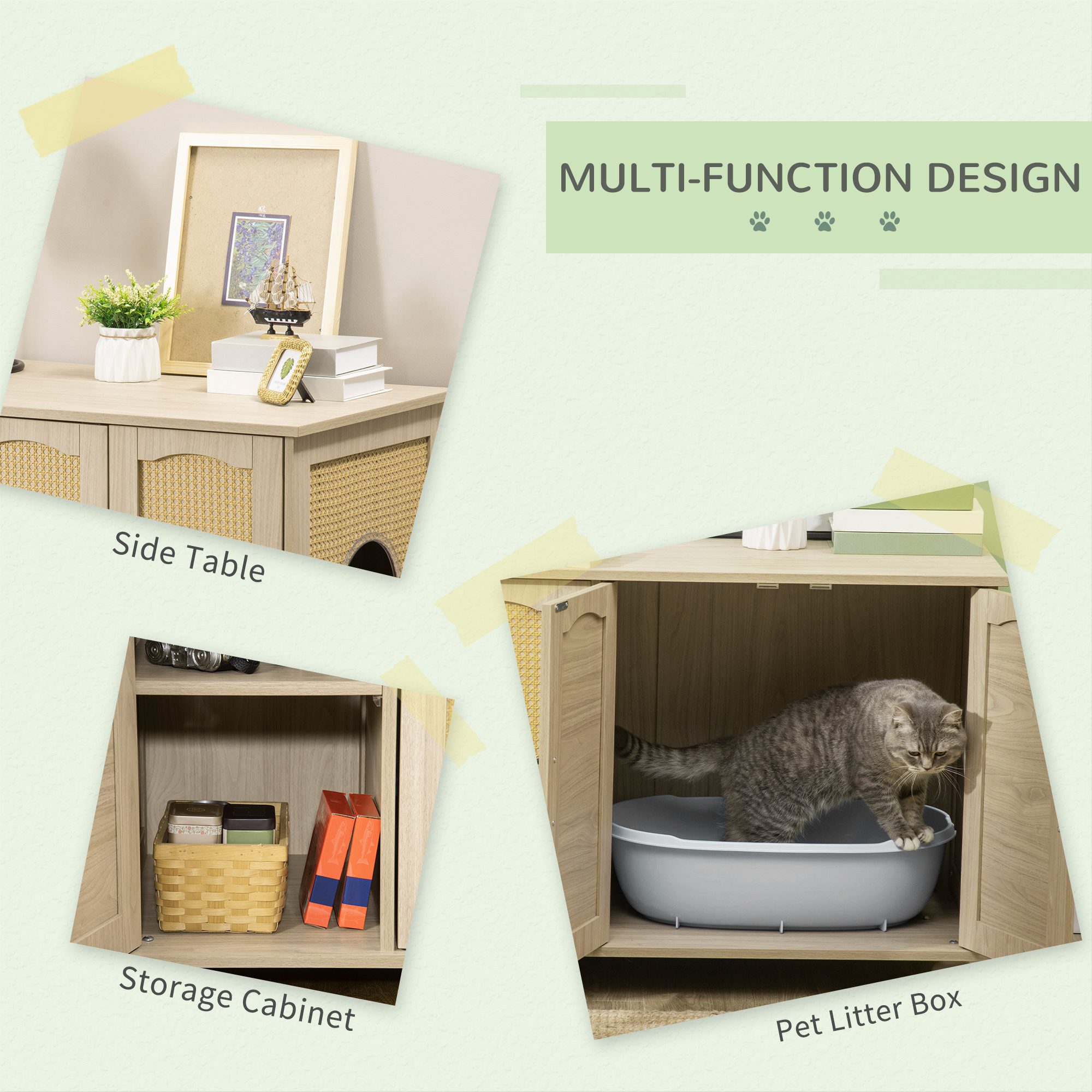 Cat Litter Box Enclosure Side Table, Cat Washroom Storage with Soft Cushion, PE Rattan, Adjustable Partition, Oak - Image 2