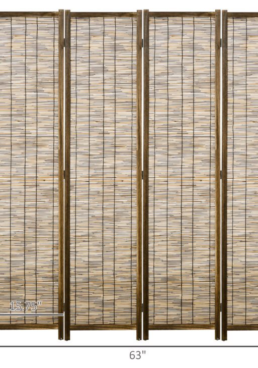 Hand Woven Room Divider, 4 Panel Folding Privacy Screen, Indoor Reed Partition Wall, 63"x67"x0.75", Brown