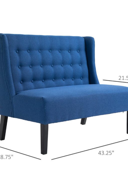 Wingback Double Sofa Linen Fabric Upholstery Button Tufted Loveseat Armless Couch Modern Contemporary Living Room Settee with Wood Legs, Blue