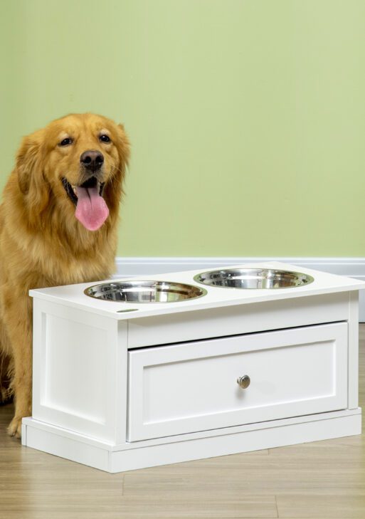 Large Elevated Dog Bowls with Storage Drawer Containing 11L Capacity, Raised Dog Bowl Stand Pet Food Bowl Dog Feeding Station, White