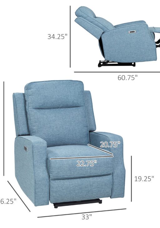 Electric Power Recliner, Wall Hugger Armchair with USB Charging Station, Sofa Recliner with Linen Upholstered Seat and Retractable Footrest, Blue