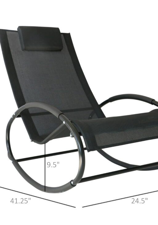 Pool Lounger, Outdoor Rocking Lounge Chair for Sunbathing, Pool, Beach, Porch with Pillow & Cool Mesh, Sun Tanning Rocker, Black