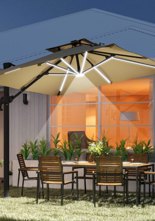 10ft. Solar LED Cantilever Umbrella, Offset Hanging Umbrella with 360°Rotation, Cross Base, 8 Ribs, Tilt and Crank for Yard, Khaki