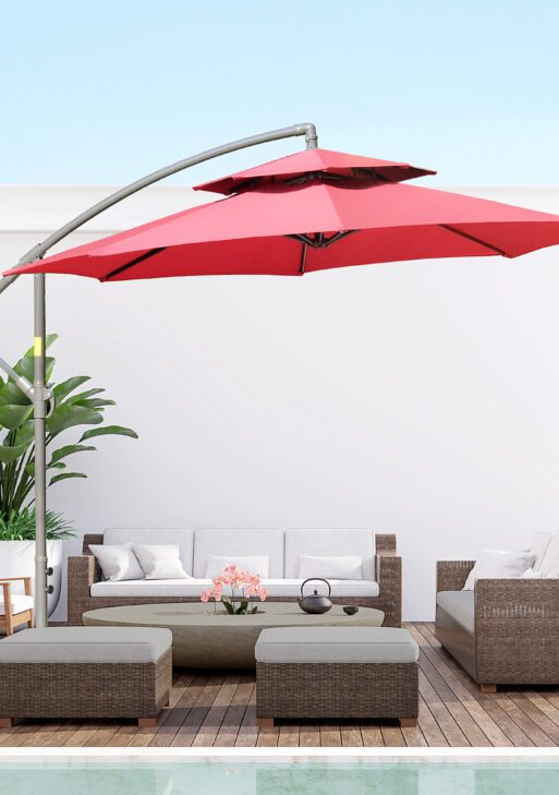 9' 2-Tier Cantilever Umbrella with Crank Handle, Cross Base and 8 Ribs, Garden Patio Offset Umbrella for Backyard, Poolside, and Lawn, Red