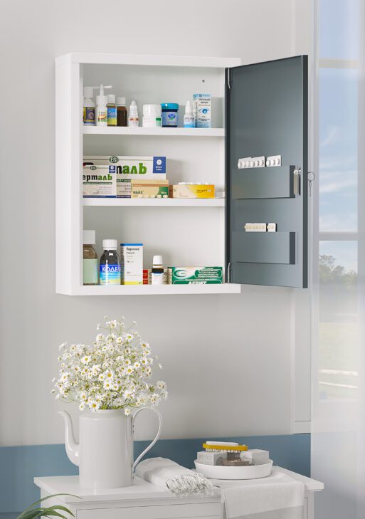 Bathroom Medicine Cabinet with Shelves Inside & On Door, Locking Medical Cabinet for Child & Pet Safety, First Aid Bathroom Wall Cabinet, White and Gray
