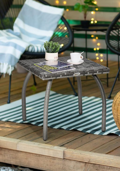 Outdoor PE Wicker Side Table, Small Square Rattan End Table, All-Weather Material Coffee Table for Garden, Balcony, Backyard, Grey