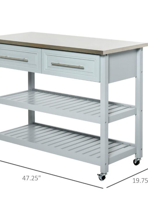 Kitchen Island with Stainless Steel Top, Traditional Kitchen Island with Storage, Butcher Block Cart 2-Tier Open Shelves, Drawers, Light Gray