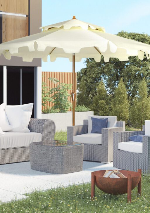 9' Patio Umbrella with Push Button Tilt and Crank, Double Top Ruffled Outdoor Market Table Umbrella with 8 Ribs, for Garden, Deck, Pool, Cream White