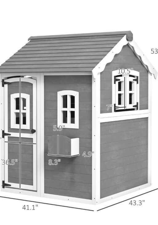 Outdoor Wooden Playhouse for Kids with Floor, Door, Windows, Planter Box for 3-8 Years Old, Backyard, Lawn, Garden