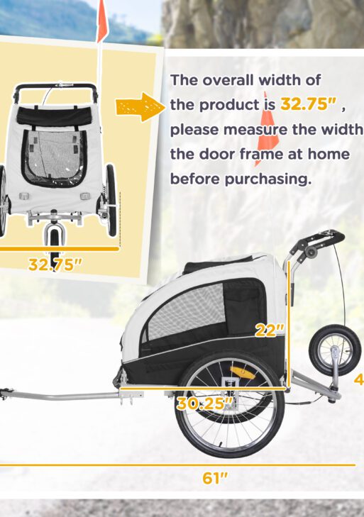 Dog Bike Trailer 2-In-1 Pet Stroller with Canopy and Storage Pockets, White