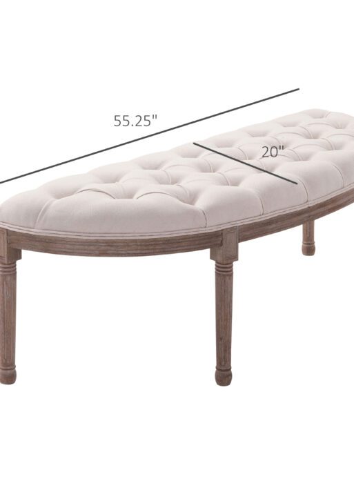 Semi-Circle End of Bed Bench with Tufted Design, Upholstered Bedroom Entryway Bench with Rubberwood Legs, Off White
