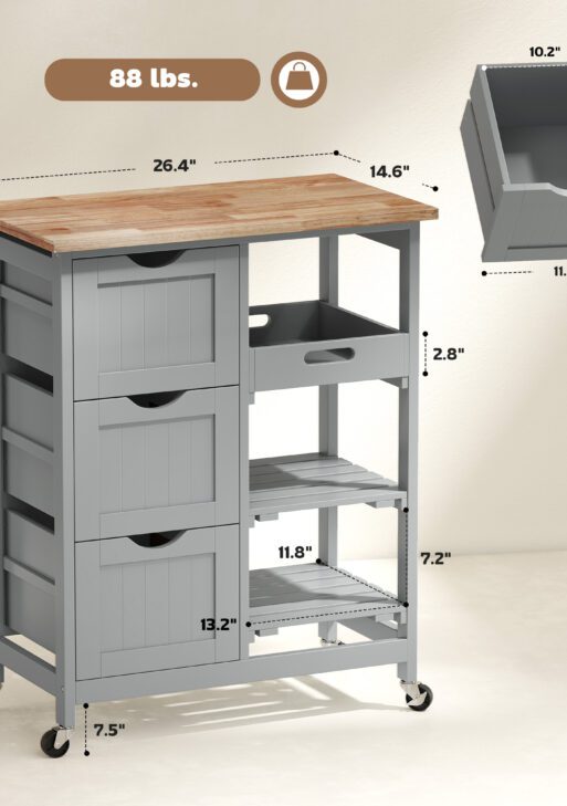 Rolling Kitchen Cart, Kitchen Island with Wood Top, Shelves & Drawers for Dining Area, Gray