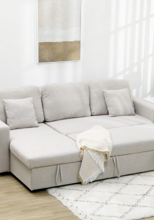 Sectional Sofa Bed, L-Shaped Loveseat Reversible Sleeper Sofa with Pull Out Couch Bed, Storage Chaise, Cushions, Linen Feel Fabric Futon Sofa Bed for Living Room, Cream White 89.75"