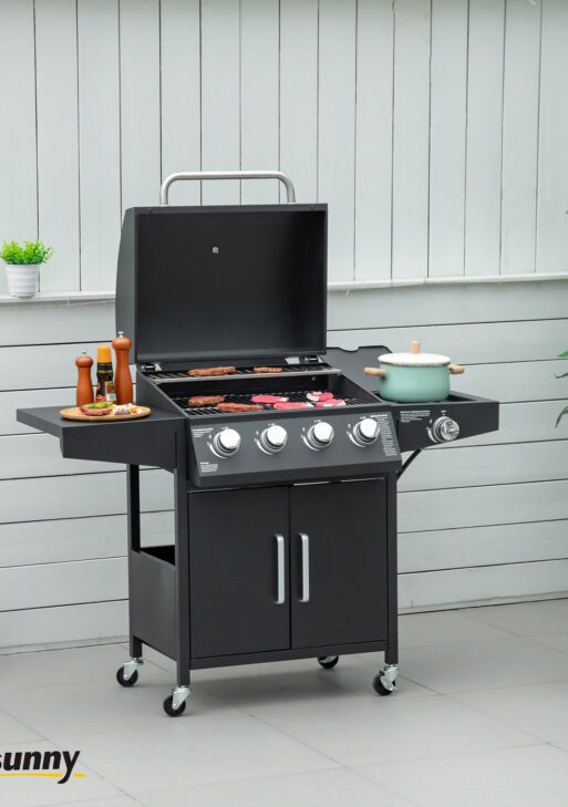 52" Barbecue Grill with Wheels 4+1 Burner Liquid Propane Gas Grill Outdoor Cabinet Style BBQ Trolley w/ Side Burner, Warming Rack
