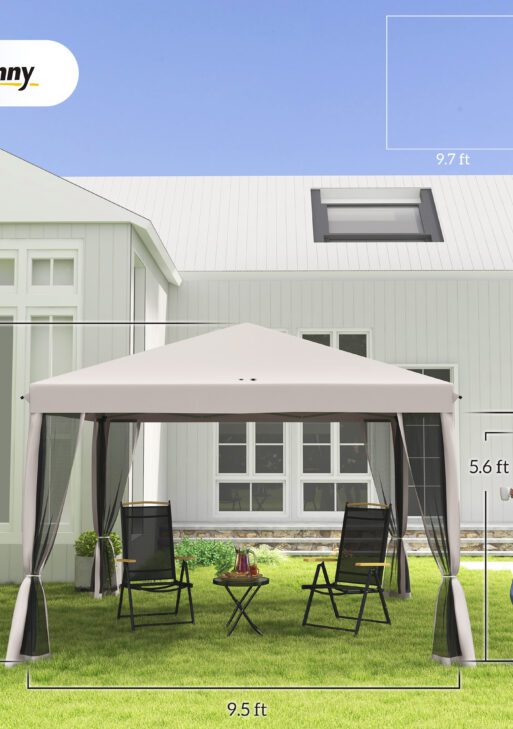 10' x 10' Pop Up Canopy Tent with Netting, Instant Gazebo, Screen House Room with Carry Bag, Height Adjustable, for Outdoor, Garden, Patio, Camping, Beige