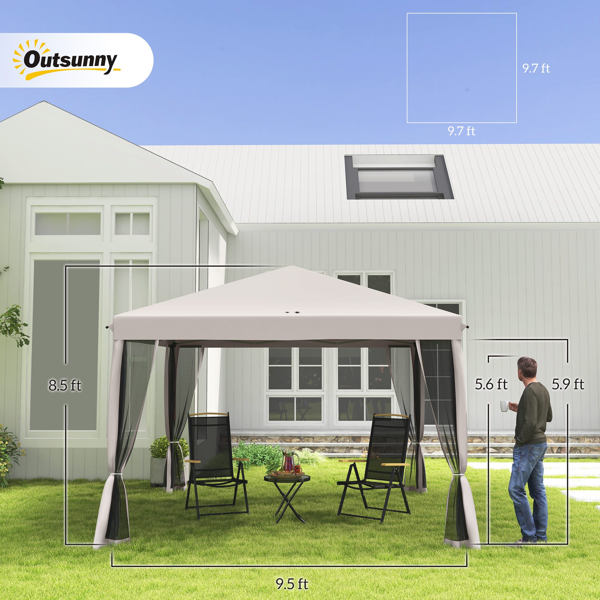 10' x 10' Pop Up Canopy Tent with Netting, Instant Gazebo, Screen House Room with Carry Bag, Height Adjustable, for Outdoor, Garden, Patio, Camping, Beige - Image 1