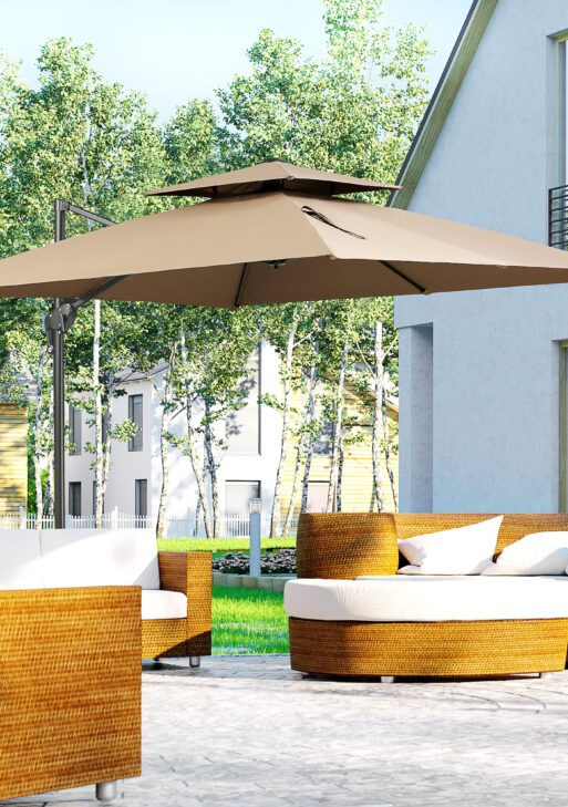 10ft Offset Patio Umbrella with Base, Double Top Hanging Aluminum Cantilever Umbrella with 360-degree Rotation, Easy Tilt, 8 Ribs, Crank, Cross Base, Cover, Strap, Coffee