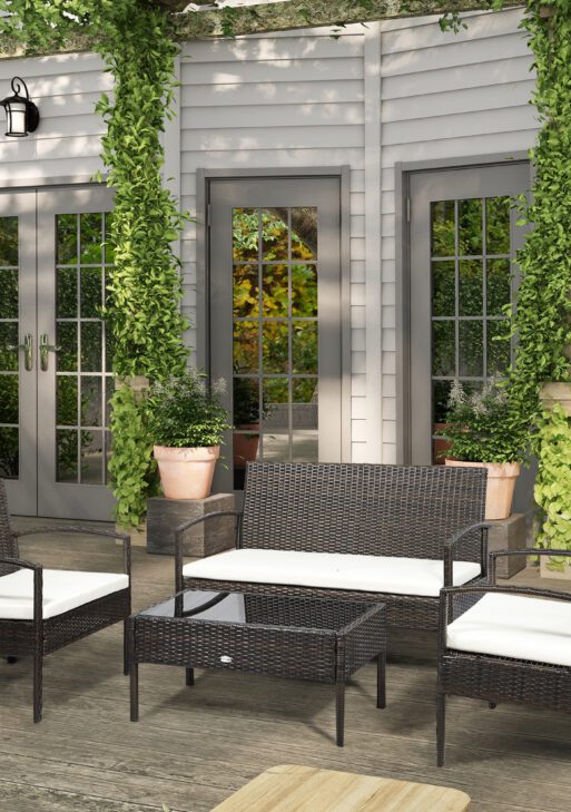 Patio Furniture Set, 4 Piece Indoor Outdoor PE Wicker Conversation Set with Chairs, Loveseat Sofa, Cushions, Glass Table for Backyard, Sunroom, Pool, Garden, Brown
