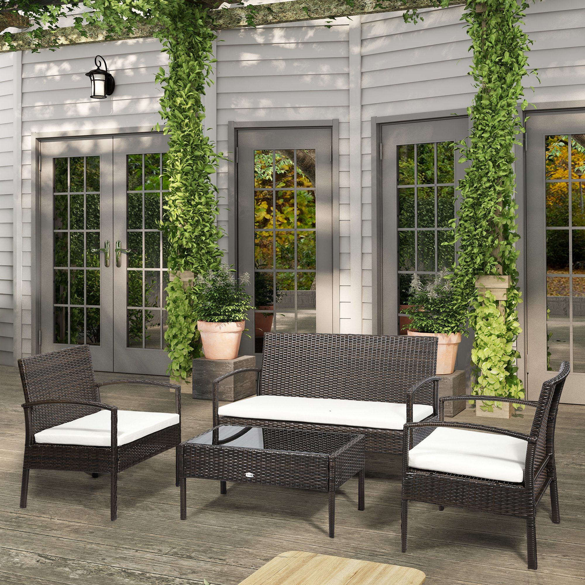 Patio Furniture Set, 4 Piece Indoor Outdoor PE Wicker Conversation Set with Chairs, Loveseat Sofa, Cushions, Glass Table for Backyard, Sunroom, Pool, Garden, Brown
