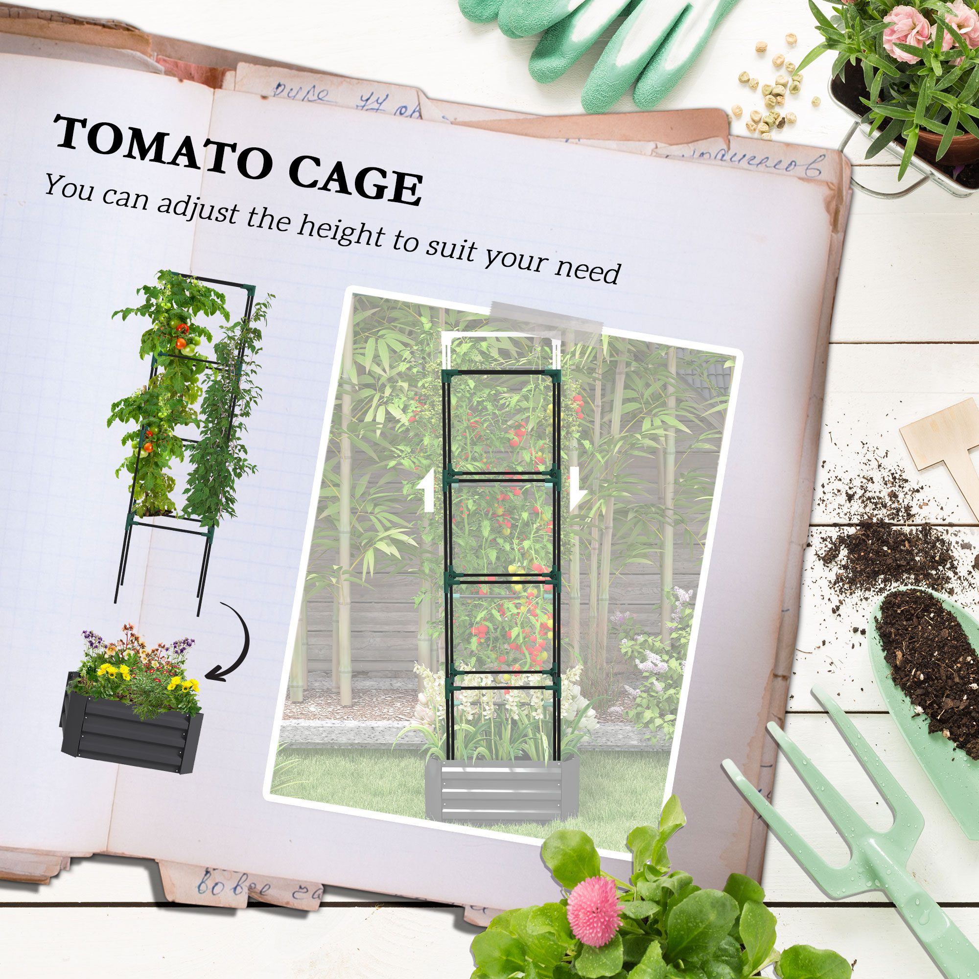 Galvanized Planter Box, 24" x 24" x 73.5" Raised Garden Bed with Tomato Cage for Climbing Vines, Dark Gray - Image 2