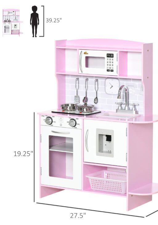 Pretend Play Kitchen with Sound Effects and Stove Lights, Kids Kitchen Playset with Storage, Water Dispenser Preschool & Kindergarten Gift for 3-6 Years Old, Pink