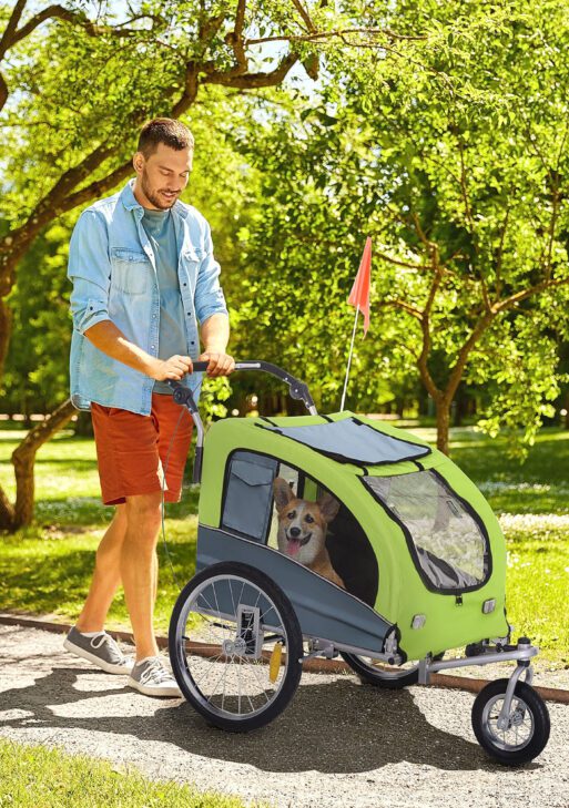 Dog Bike Trailer 2-In-1 Pet Stroller with Canopy and Storage Pockets, Green