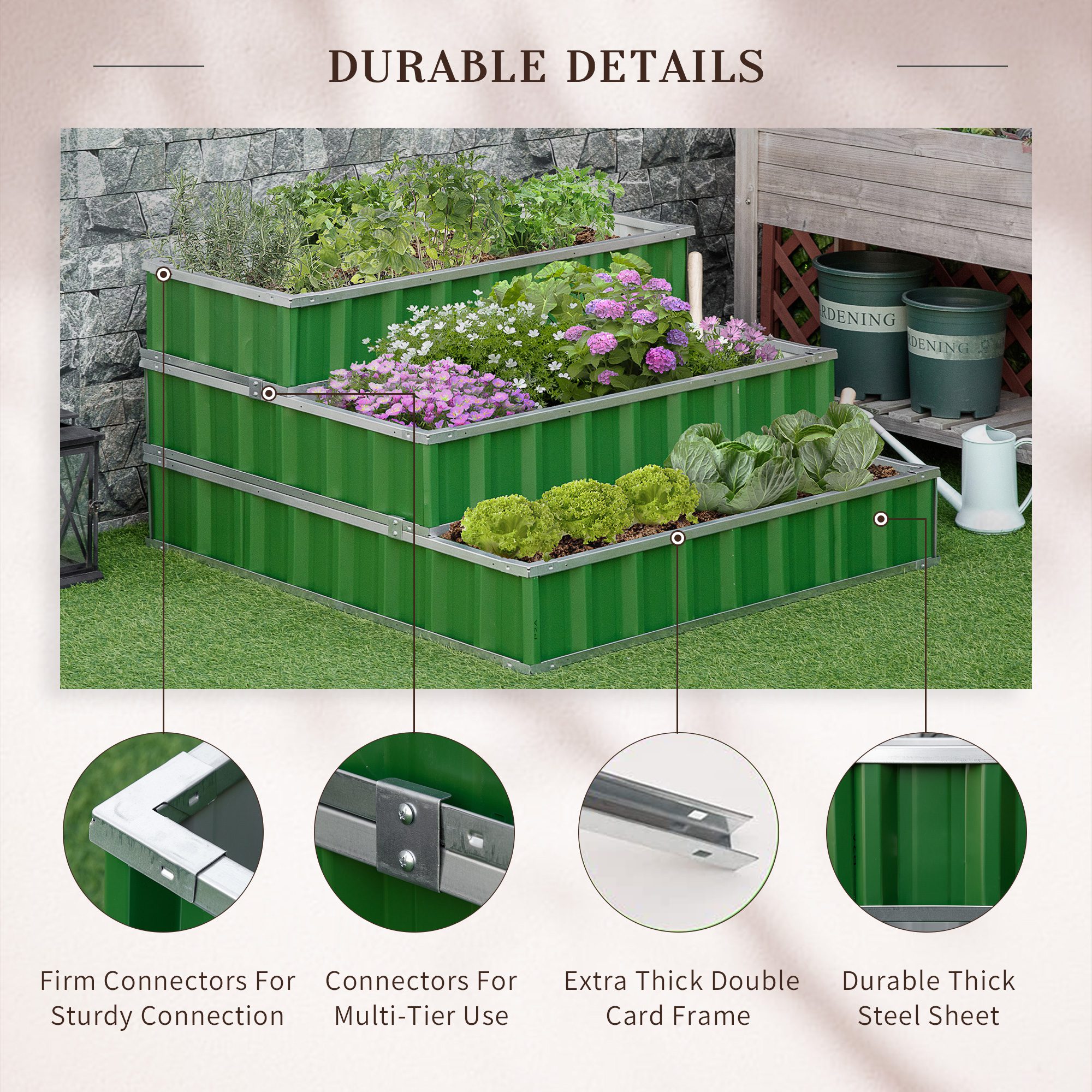 3 Tier Raised Garden Bed Outdoor Metal Patio Planter Box with Gloves, 4' x 4' x 2' for Backyard, Patio to Grow Vegetables, Herbs, and Flowers, Green - Image 4
