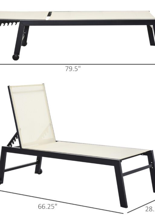 Outdoor Chaise Lounge with Wheels, Five Position Recliner for Sunbathing, Suntanning, Steel Frame, Breathable Fabric for Beach, Yard, Patio, Cream White