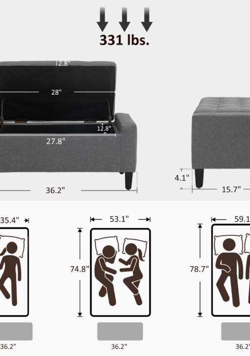 36" Ottoman with Storage, Storage Ottoman Bench with Lift Top and Rubberwood Legs, Linen Upholstered Entryway Bench with Seating for Living Room, Bedroom, Holds up to 330 lb, Gray