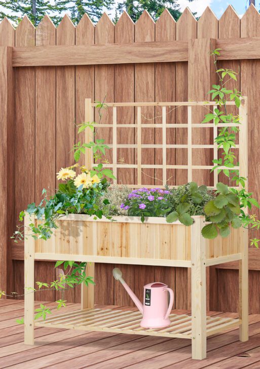 47'' Wooden Raised Garden Bed with Trellis, Coutryside Style Elevated Planter Box Stand with Open Storage Shelf, Spacious Planting Area for Vegetables, Herbs, Flowers