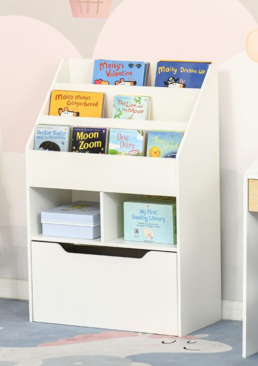 Kids Bookcase Multi-Shelf Book Rack with Mobile Drawer for Books, Toys, White