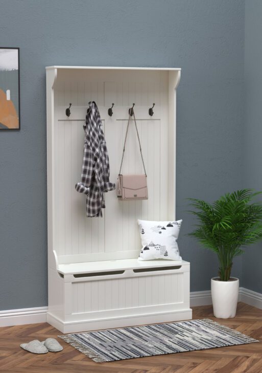 3-In-1 Entryway Bench with Coat Rack, Hall Tree with Bench and Shoe Storage, 5 Hooks for Hallway Cream White