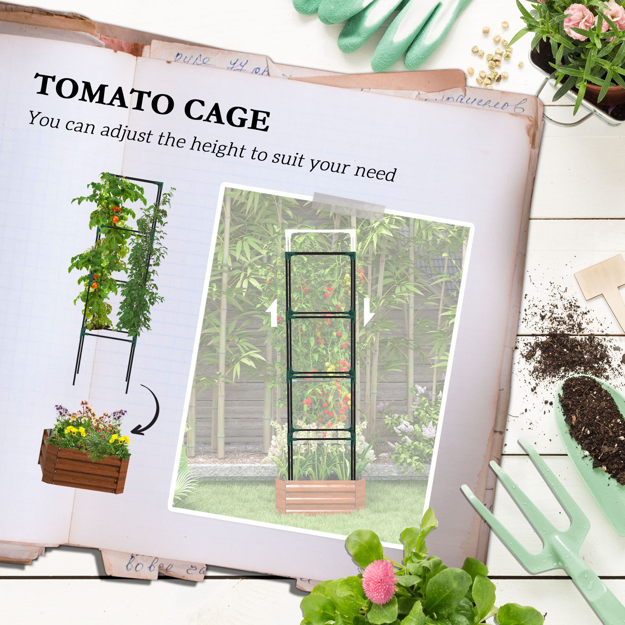 Galvanized Planter Box, 24" x 24" x 73.5" Raised Garden Bed with Tomato Cage for Climbing Vines, Brown - Image 2