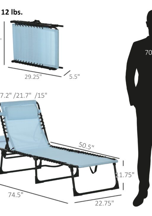 Folding Chaise Lounge Pool Chair with 4-Position Reclining Back, Pillow, Breathable Mesh & Bungee Seat, Baby Blue