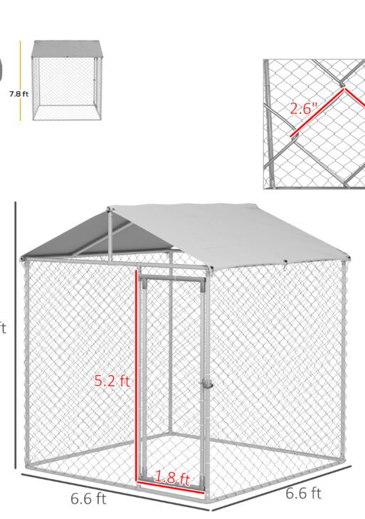 6.6' x 6.6' x 7.8' Dog Kennel Outdoor for Small Medium Dogs with Waterproof Roof, Silver