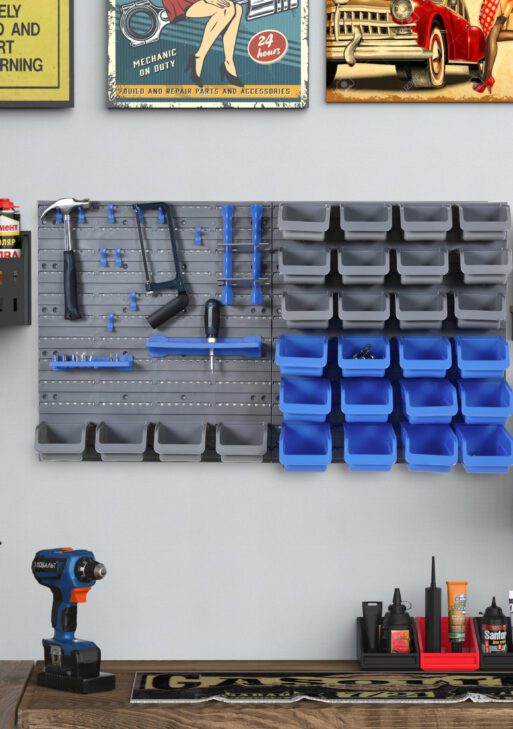 44 PCS Wall Mounted Pegboard Tool Organizer Rack Kit with Various Sized Storage Bins, Pegboard and Hooks, Blue