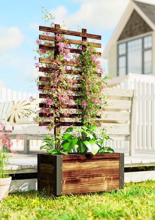 Wooden Raised Garden Bed, Planter Box w/ Trellis and Metal Corners, Portable on Wheels for Patio, Backyard, Deck, Brown